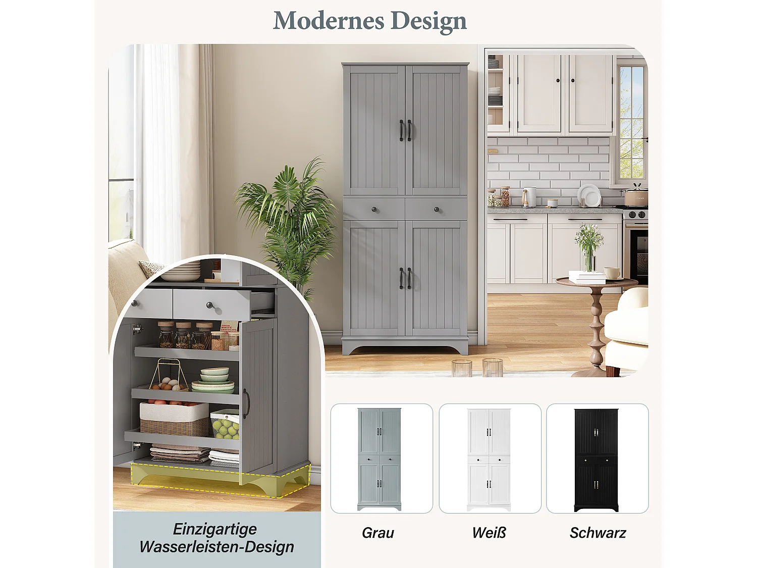 Buffet de cuisine moderne 77x40x181cm - étagère réglable - avec 2 tiroirs et 4 portes - Gris