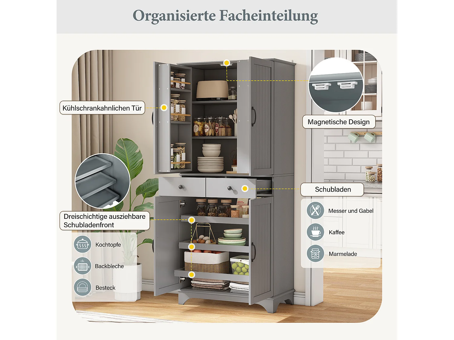 Buffet de cuisine moderne 77x40x181cm - étagère réglable - avec 2 tiroirs et 4 portes - Gris
