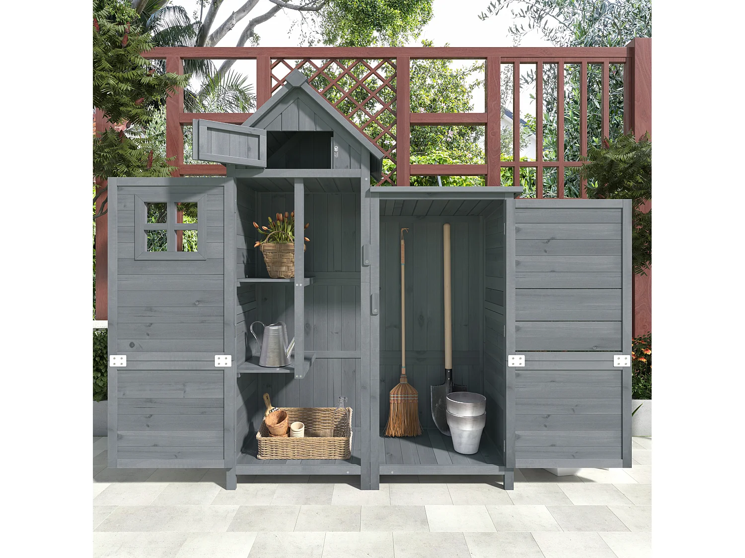 Armoire de Jardin en Bois de Sapin avec Toit Étanche - Abri à Outils à Double Porte avec Étagères et Espace pour Longs Manches - 110x52x170cm - Gris