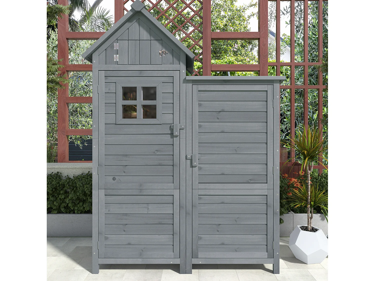 Armoire de Jardin en Bois de Sapin avec Toit Étanche - Abri à Outils à Double Porte avec Étagères et Espace pour Longs Manches - 110x52x170cm - Gris