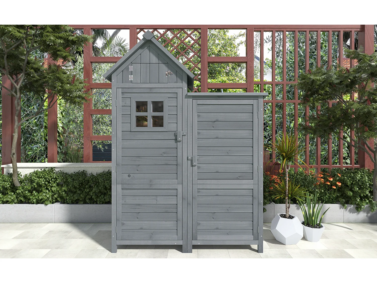 Armoire de Jardin en Bois de Sapin avec Toit Étanche - Abri à Outils à Double Porte avec Étagères et Espace pour Longs Manches - 110x52x170cm - Gris