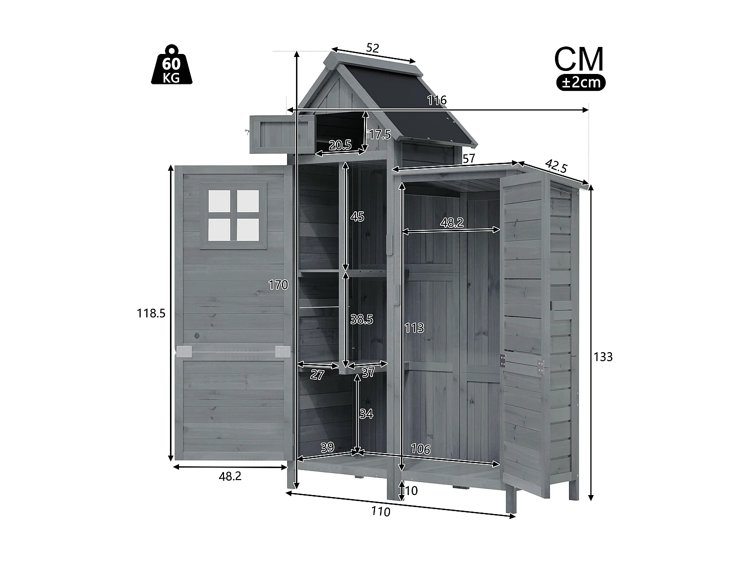 Armoire de Jardin en Bois de Sapin avec Toit Étanche - Abri à Outils à Double Porte avec Étagères et Espace pour Longs Manches - 110x52x170cm - Gris