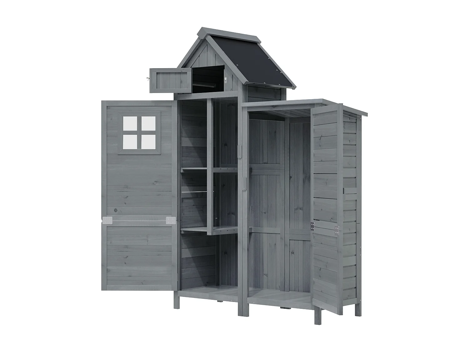 Armoire de Jardin en Bois de Sapin avec Toit Étanche - Abri à Outils à Double Porte avec Étagères et Espace pour Longs Manches - 110x52x170cm - Gris