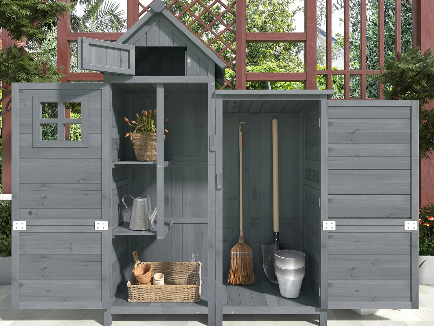 Armoire de Jardin en Bois de Sapin avec Toit Étanche - Abri à Outils à Double Porte avec Étagères et Espace pour Longs Manches - 110x52x170cm - Gris