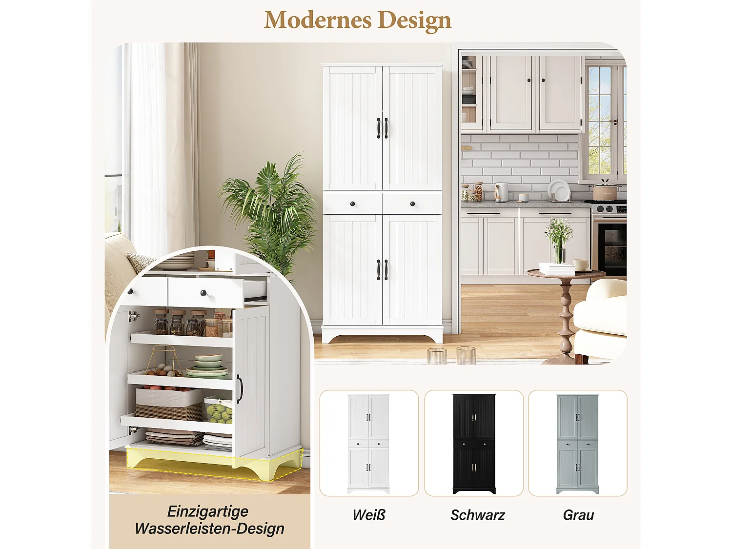 Buffet de cuisine moderne 77x40x181cm - étagère réglable - avec 2 tiroirs et 4 portes - Blanc