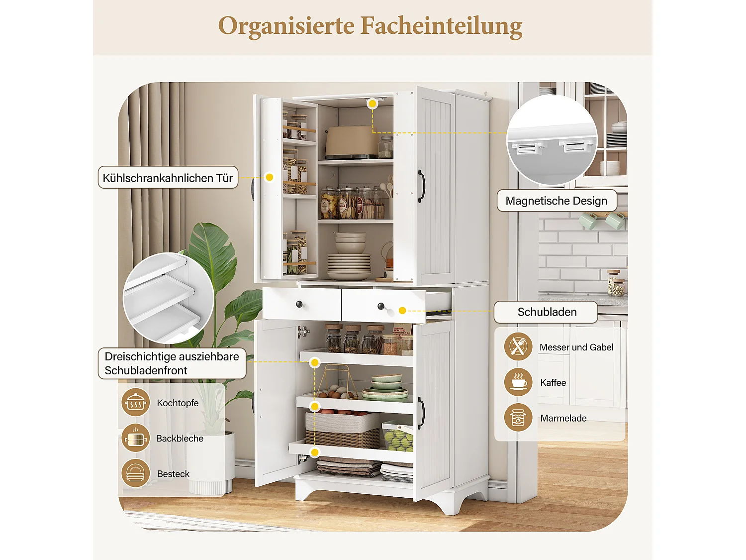 Buffet de cuisine moderne 77x40x181cm - étagère réglable - avec 2 tiroirs et 4 portes - Blanc