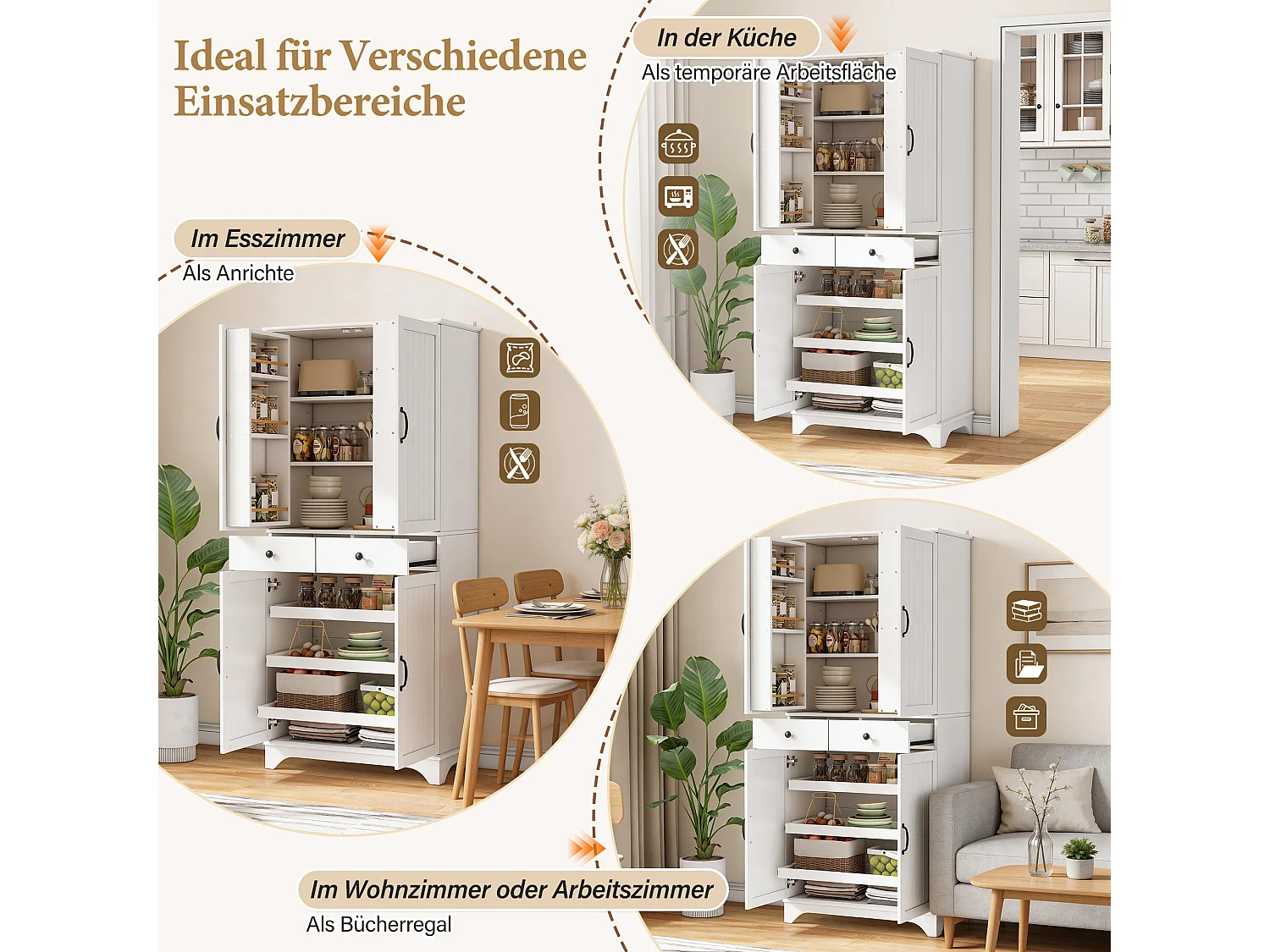 Buffet de cuisine moderne 77x40x181cm - étagère réglable - avec 2 tiroirs et 4 portes - Blanc
