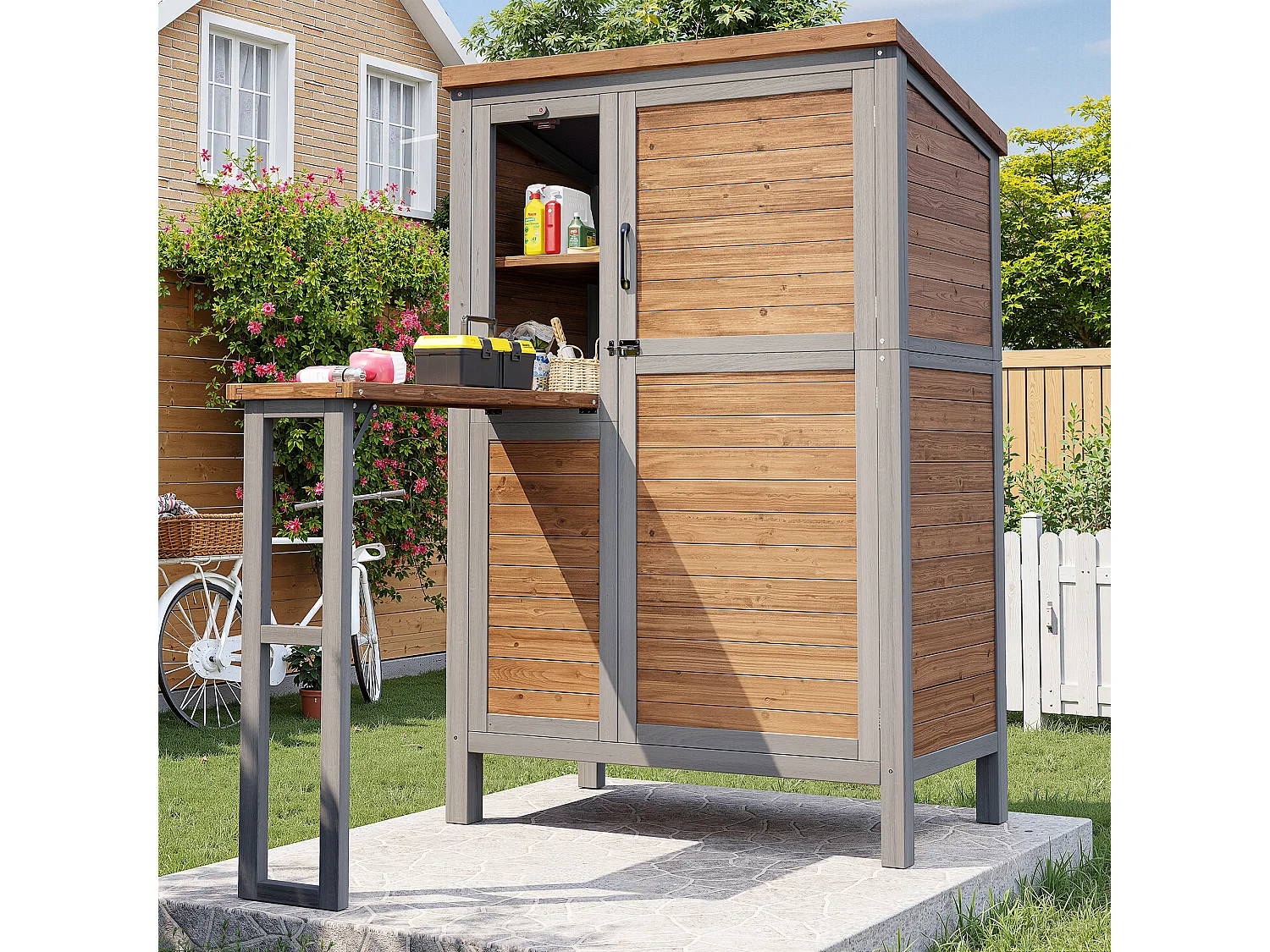 Grande Armoire de Jardin en Bois avec Tablette Pliable et Toit Bitumé - Abri à Outils Étanche avec Étagères Ajustables et Crochets - 86x46x160cm - Gris
