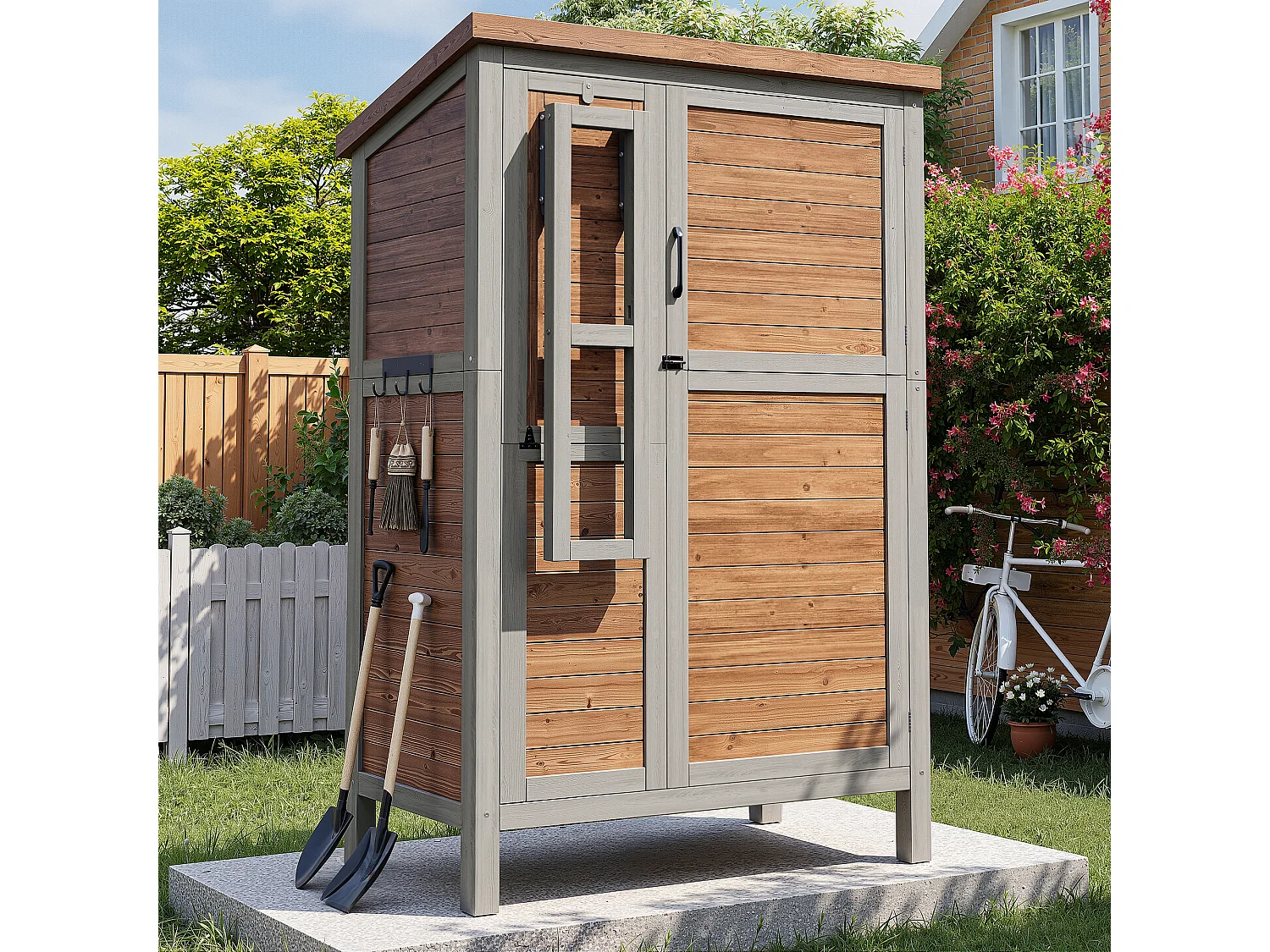 Grande Armoire de Jardin en Bois avec Tablette Pliable et Toit Bitumé - Abri à Outils Étanche avec Étagères Ajustables et Crochets - 86x46x160cm - Gris