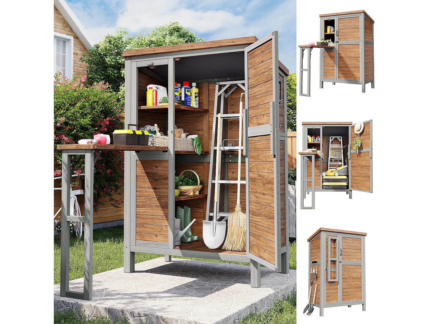 Grande Armoire de Jardin en Bois avec Tablette Pliable et Toit Bitumé - Abri à Outils Étanche avec Étagères Ajustables et Crochets - 86x46x160cm - Gris