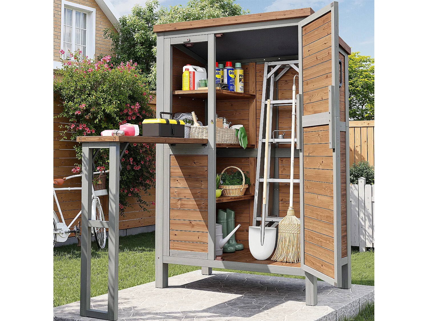 Grande Armoire de Jardin en Bois avec Tablette Pliable et Toit Bitumé - Abri à Outils Étanche avec Étagères Ajustables et Crochets - 86x46x160cm - Gris