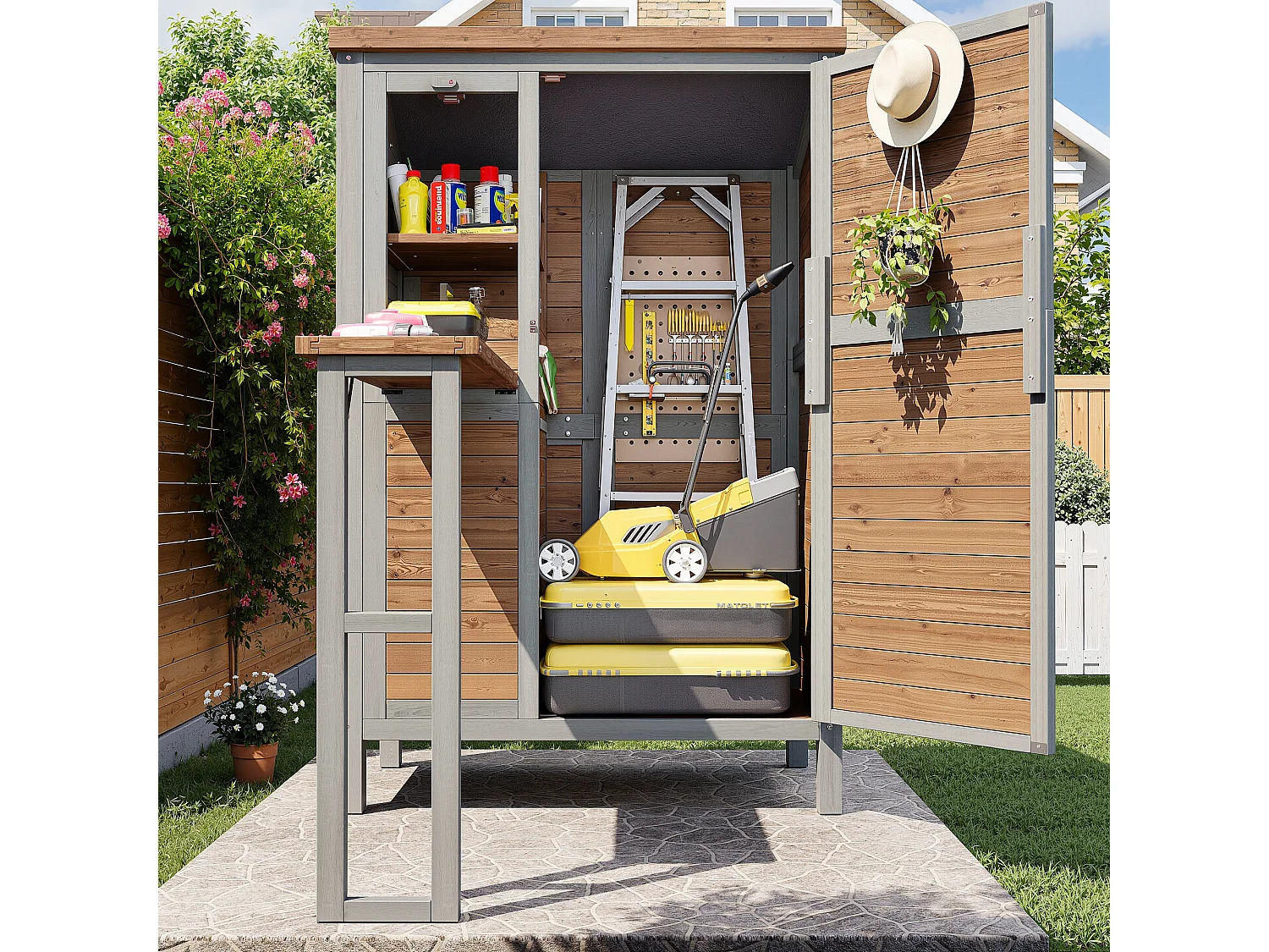 Grande Armoire de Jardin en Bois avec Tablette Pliable et Toit Bitumé - Abri à Outils Étanche avec Étagères Ajustables et Crochets - 86x46x160cm - Gris