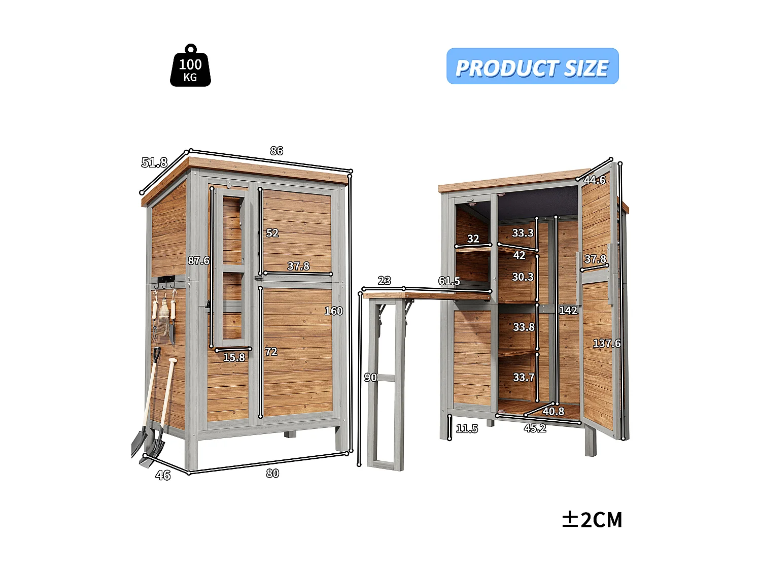 Grande Armoire de Jardin en Bois avec Tablette Pliable et Toit Bitumé - Abri à Outils Étanche avec Étagères Ajustables et Crochets - 86x46x160cm - Gris