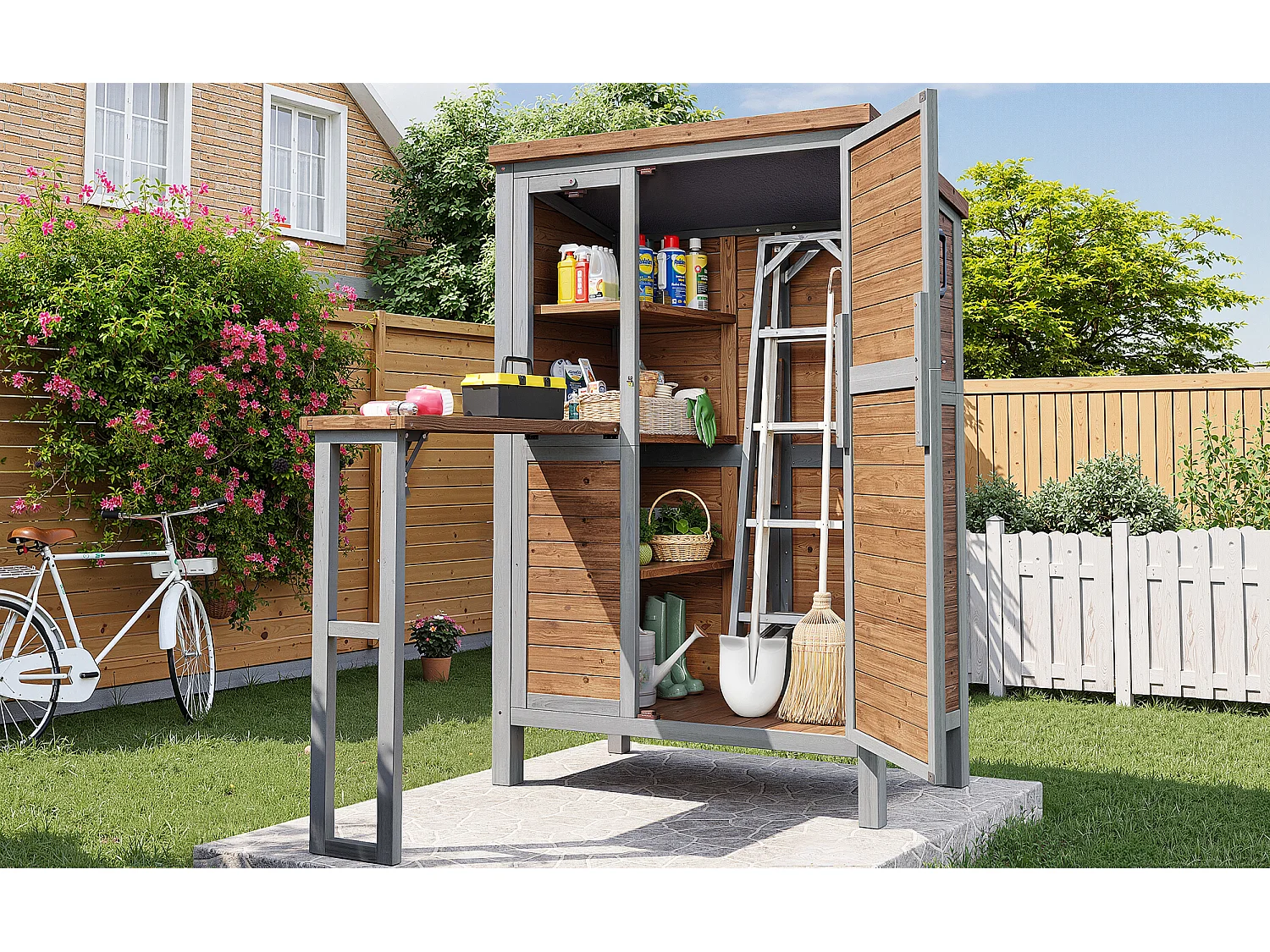 Grande Armoire de Jardin en Bois avec Tablette Pliable et Toit Bitumé - Abri à Outils Étanche avec Étagères Ajustables et Crochets - 86x46x160cm - Gris