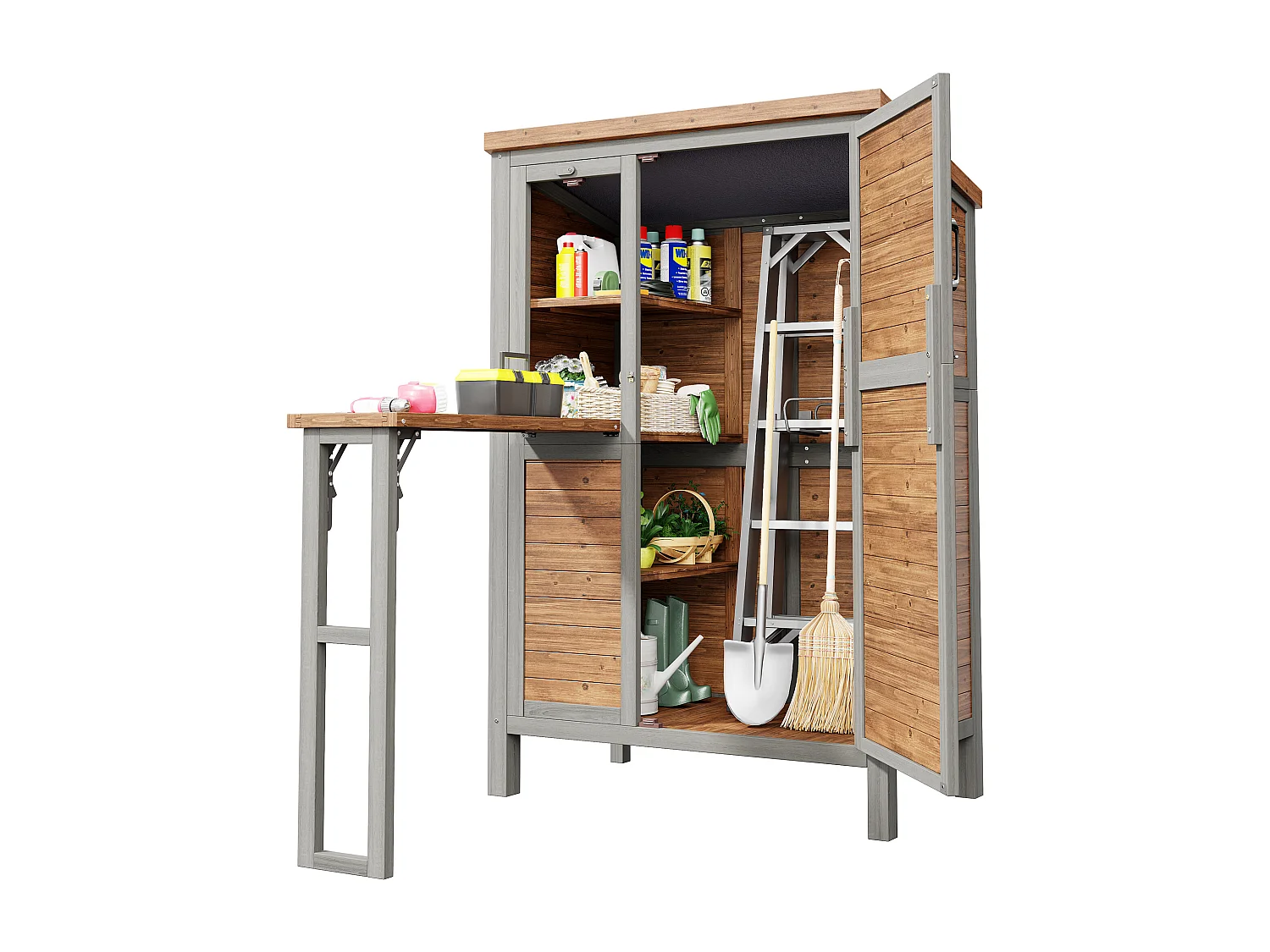 Grande Armoire de Jardin en Bois avec Tablette Pliable et Toit Bitumé - Abri à Outils Étanche avec Étagères Ajustables et Crochets - 86x46x160cm - Gris