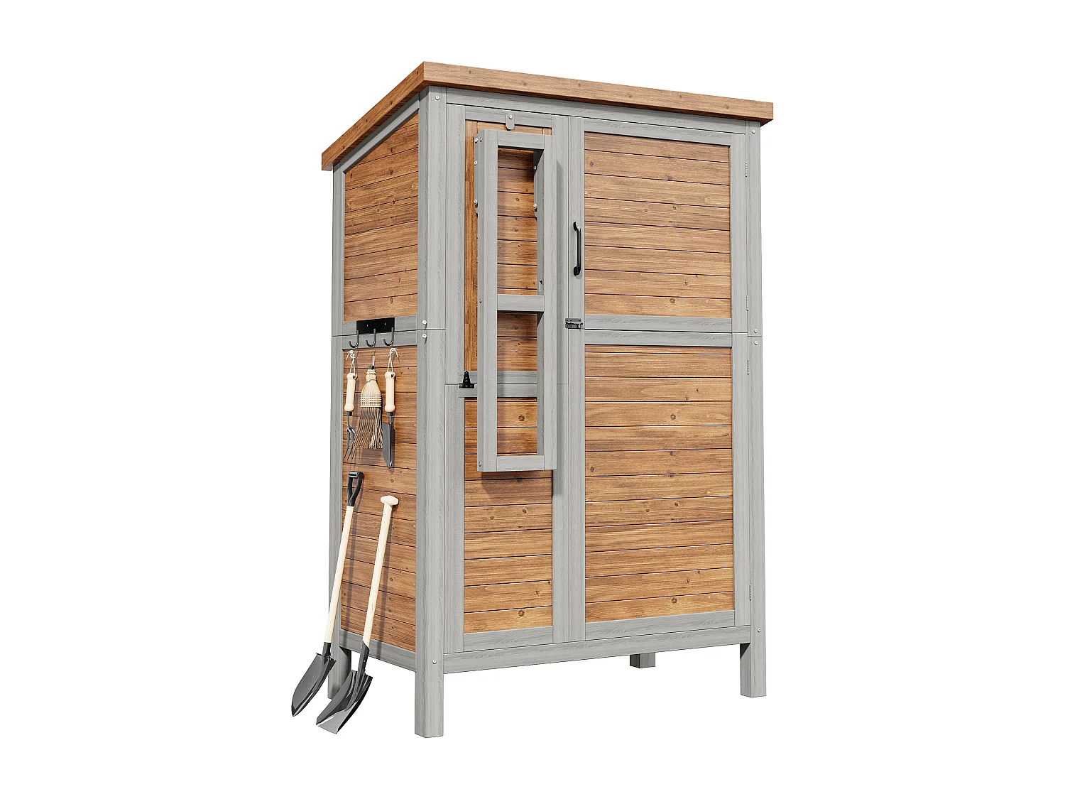 Grande Armoire de Jardin en Bois avec Tablette Pliable et Toit Bitumé - Abri à Outils Étanche avec Étagères Ajustables et Crochets - 86x46x160cm - Gris