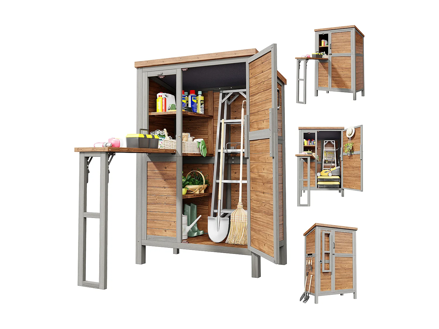 Grande Armoire de Jardin en Bois avec Tablette Pliable et Toit Bitumé - Abri à Outils Étanche avec Étagères Ajustables et Crochets - 86x46x160cm - Gris