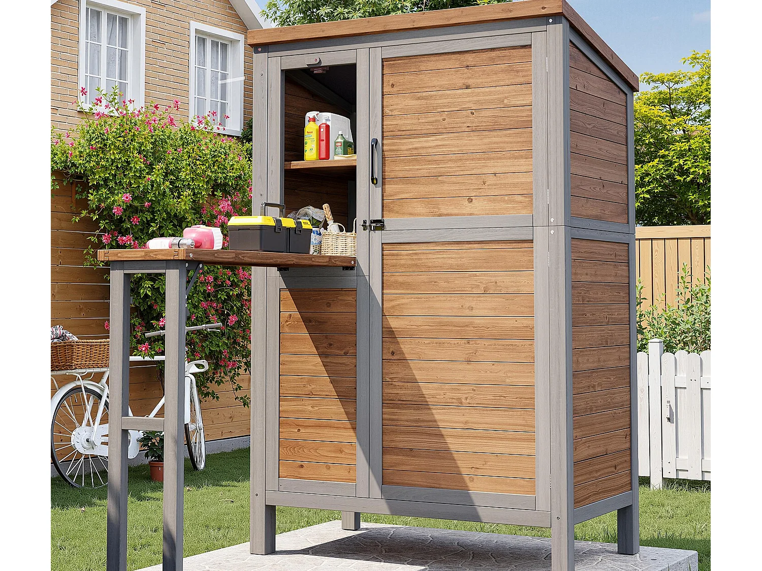Grande Armoire de Jardin en Bois avec Tablette Pliable et Toit Bitumé - Abri à Outils Étanche avec Étagères Ajustables et Crochets - 86x46x160cm - Gris
