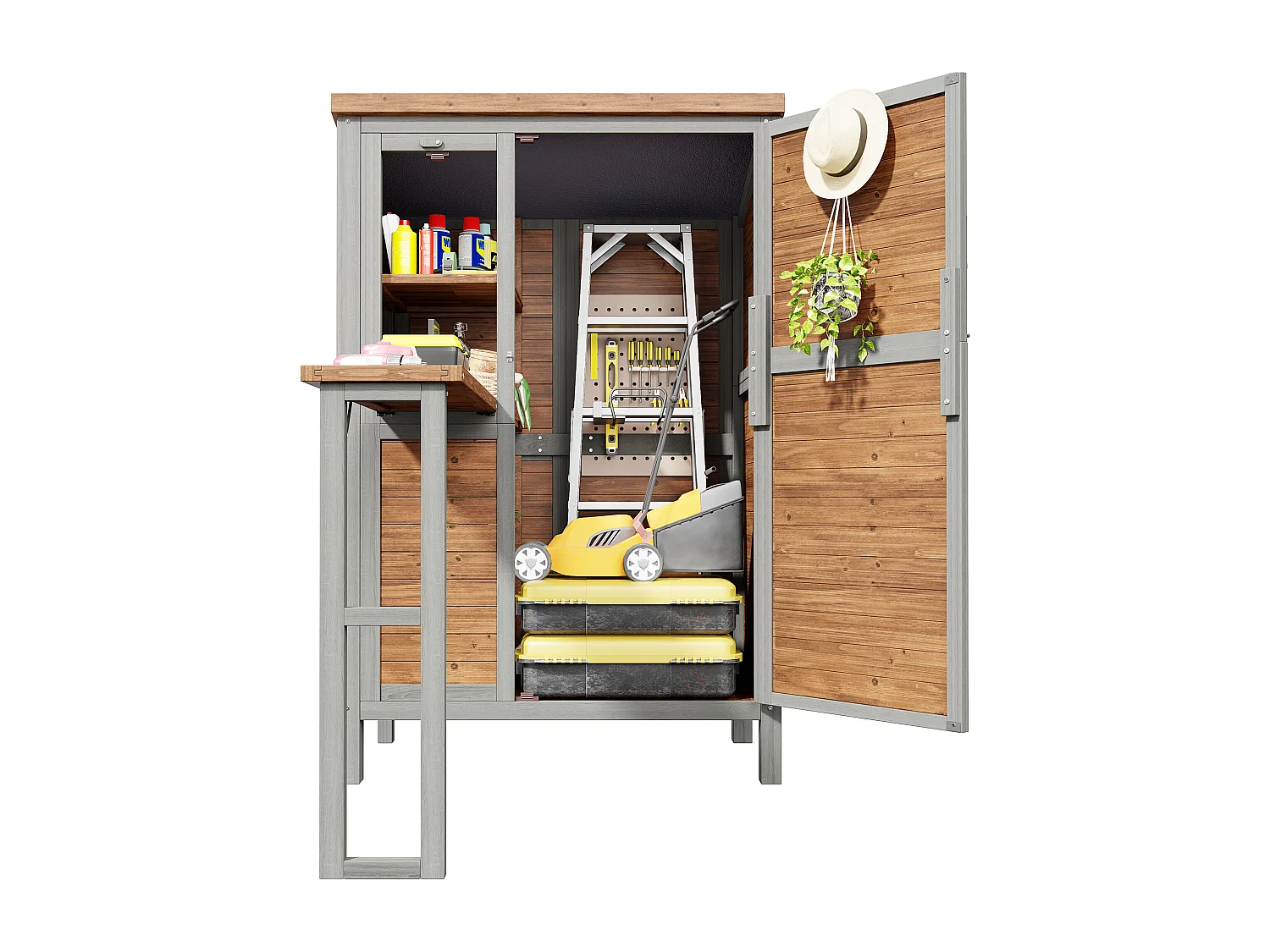Grande Armoire de Jardin en Bois avec Tablette Pliable et Toit Bitumé - Abri à Outils Étanche avec Étagères Ajustables et Crochets - 86x46x160cm - Gris