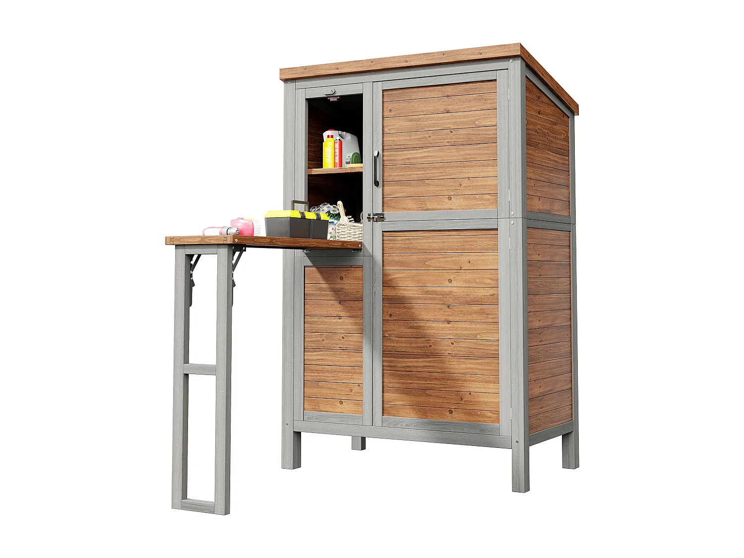 Grande Armoire de Jardin en Bois avec Tablette Pliable et Toit Bitumé - Abri à Outils Étanche avec Étagères Ajustables et Crochets - 86x46x160cm - Gris