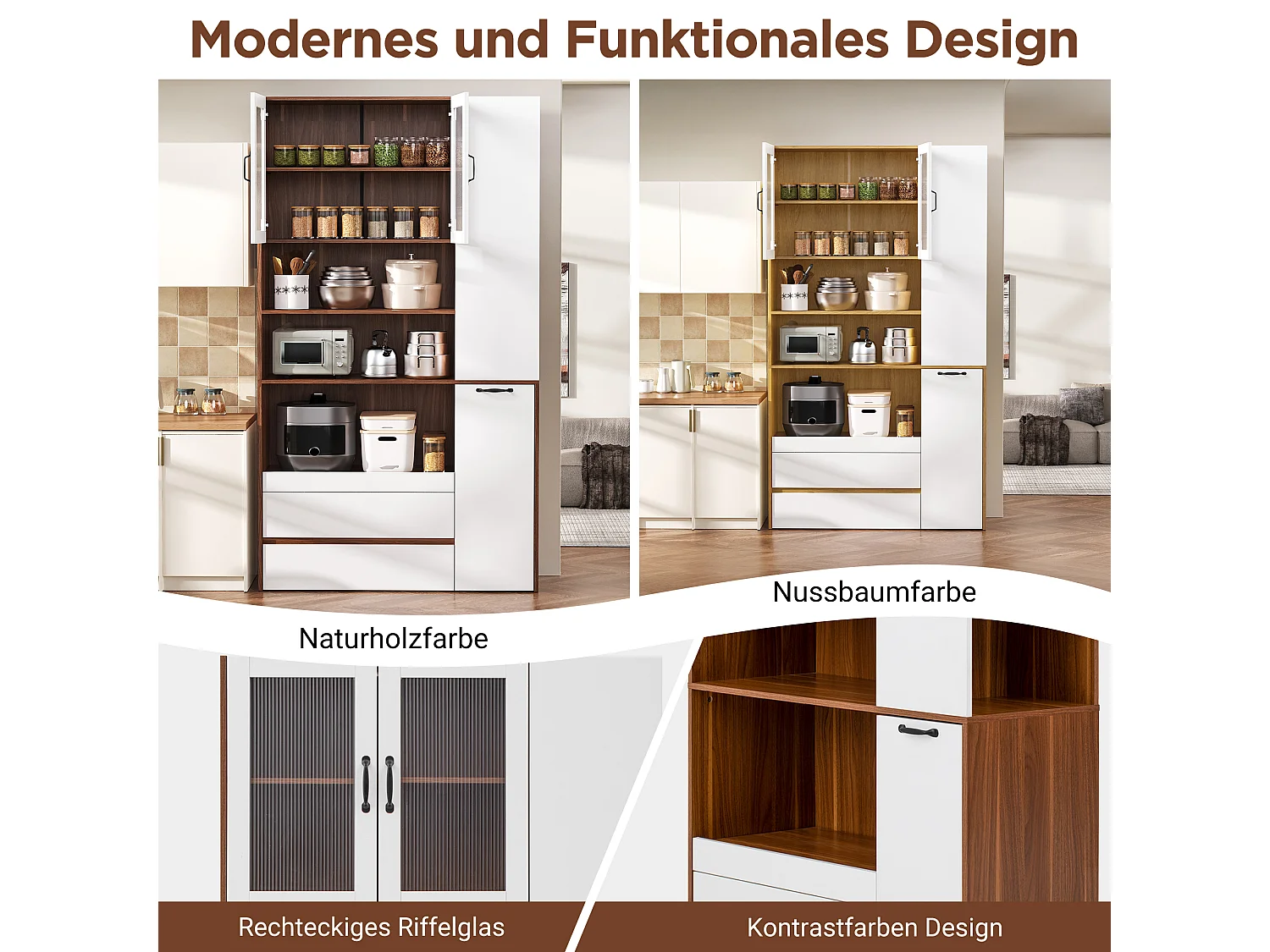 Buffet de cuisine moderne 100x40x200cm - avec tiroirs et étagères réglables - verre rayé - Blanc + Couleur bois de noyer