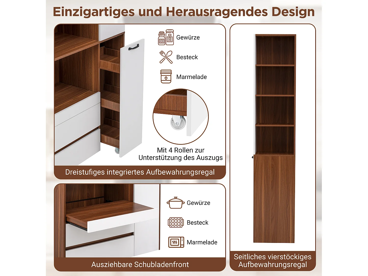 Buffet de cuisine moderne 100x40x200cm - avec tiroirs et étagères réglables - verre rayé - Blanc + Couleur bois de noyer