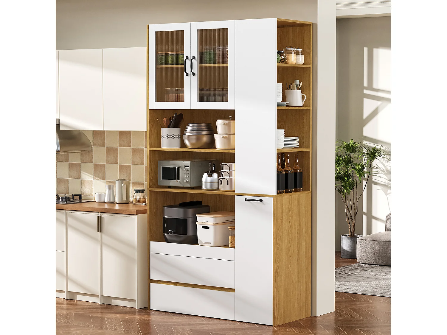 Buffet de cuisine moderne 100x40x200cm - avec tiroirs et étagères réglables - verre rayé - Blanc + Naturel