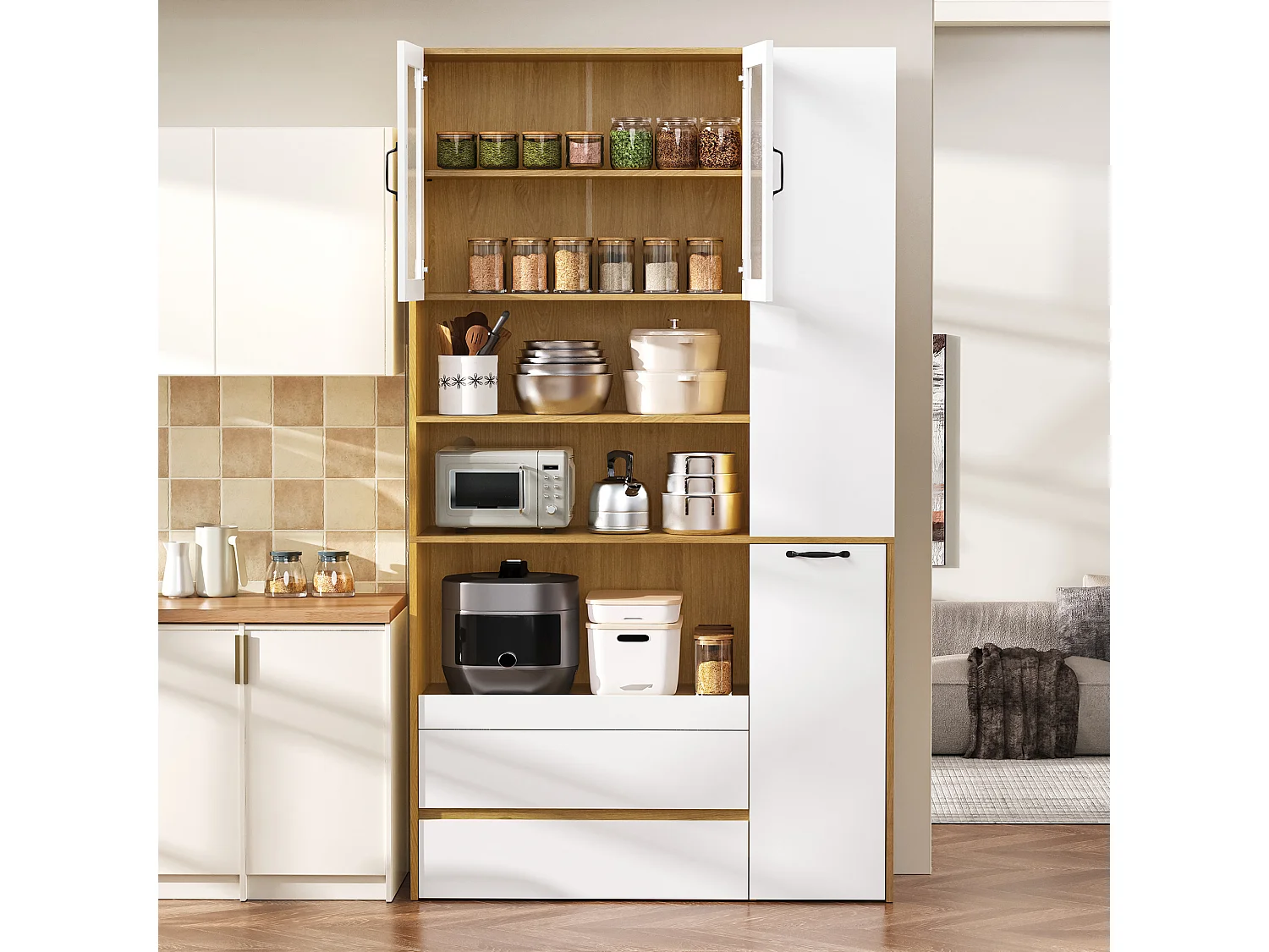 Buffet de cuisine moderne 100x40x200cm - avec tiroirs et étagères réglables - verre rayé - Blanc + Naturel