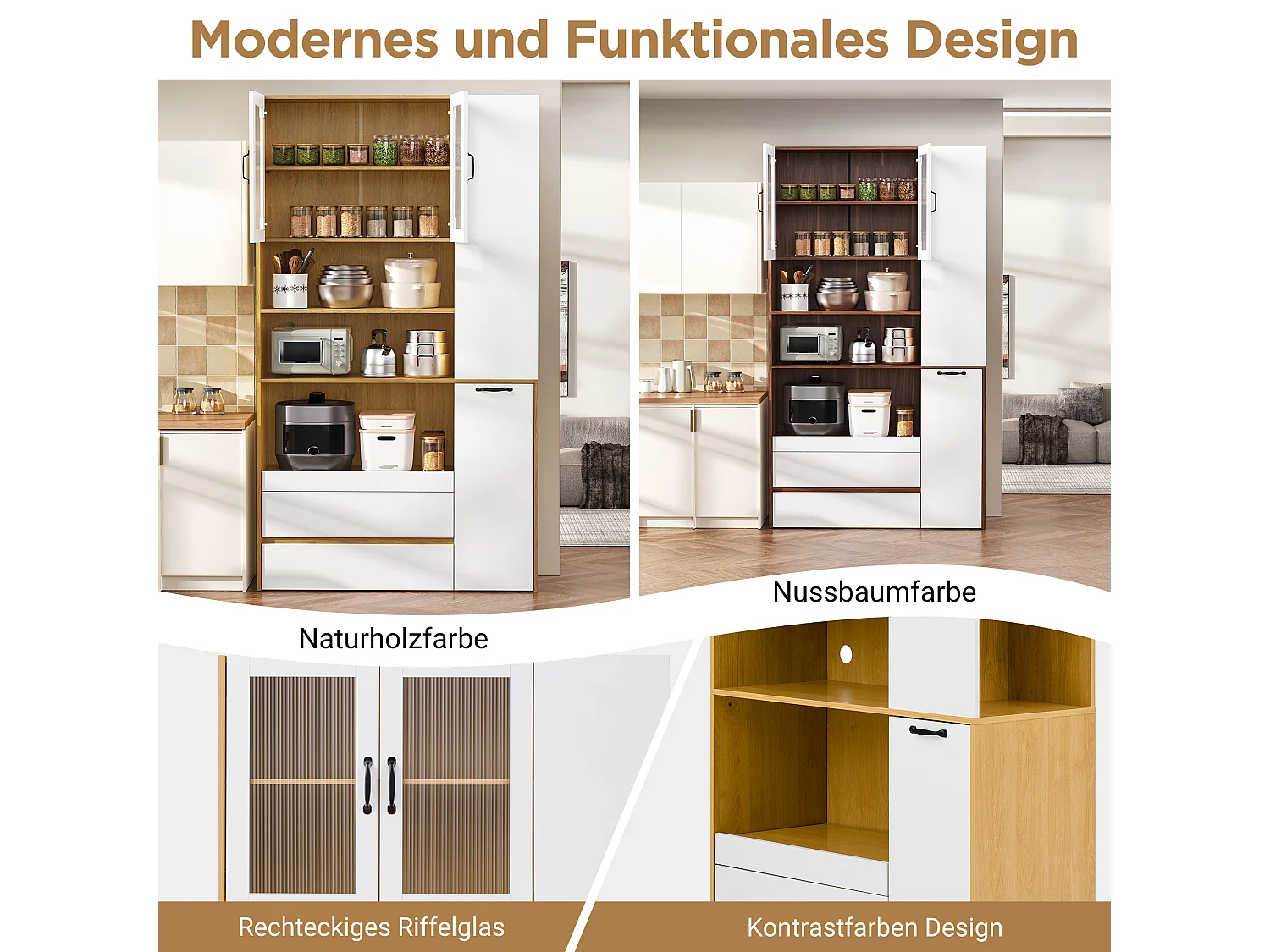 Buffet de cuisine moderne 100x40x200cm - avec tiroirs et étagères réglables - verre rayé - Blanc + Naturel