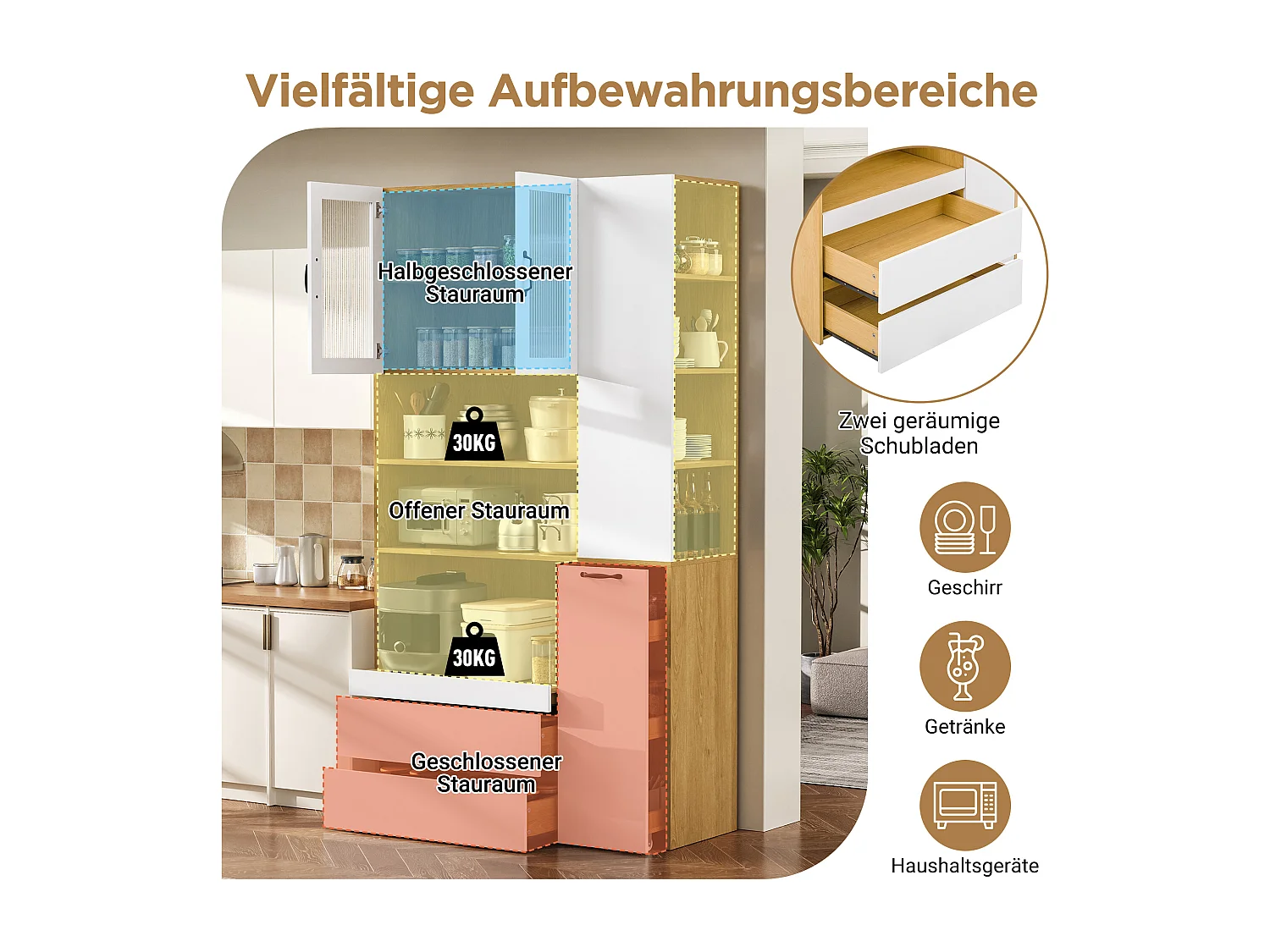 Buffet de cuisine moderne 100x40x200cm - avec tiroirs et étagères réglables - verre rayé - Blanc + Naturel