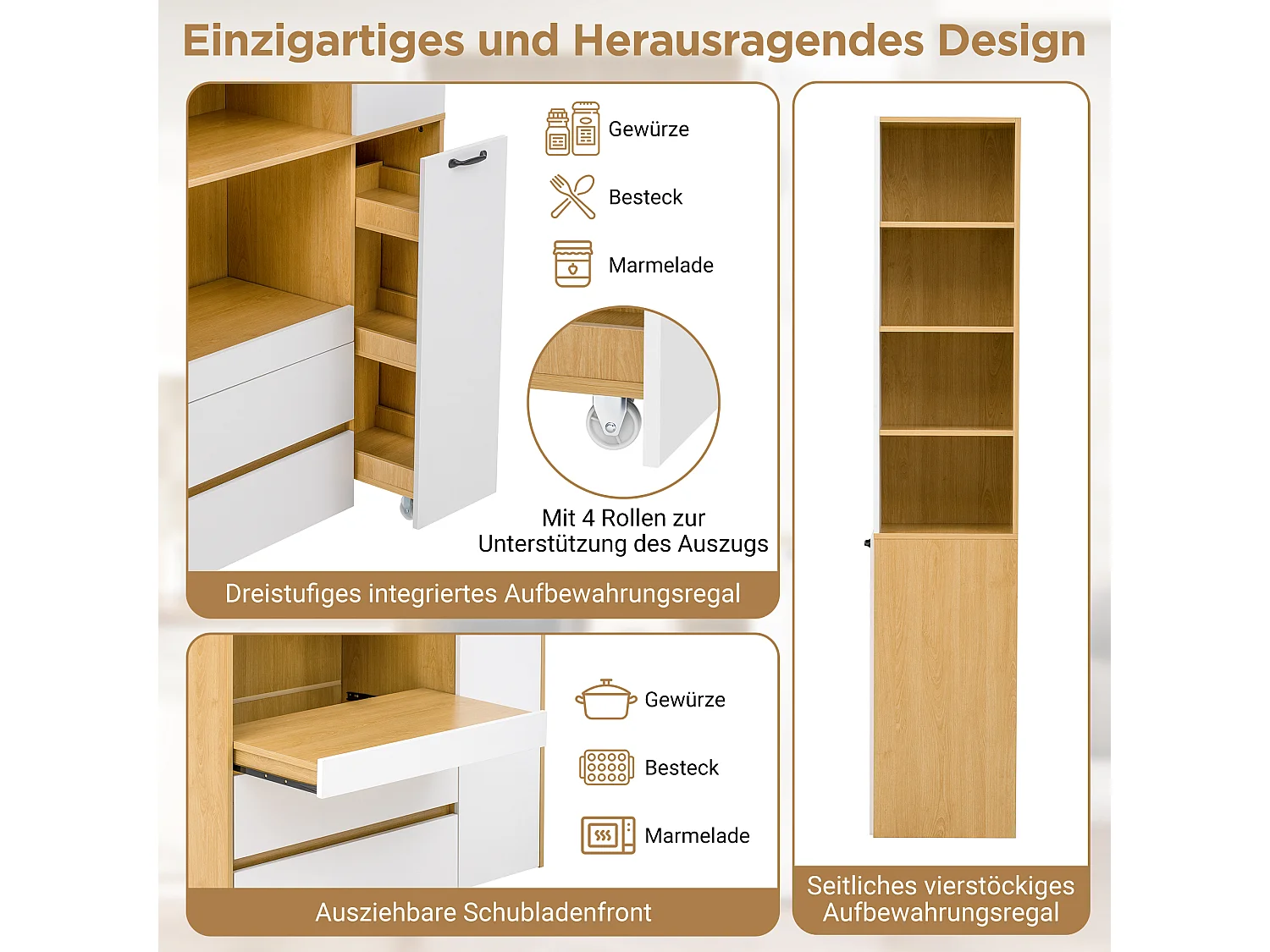 Buffet de cuisine moderne 100x40x200cm - avec tiroirs et étagères réglables - verre rayé - Blanc + Naturel