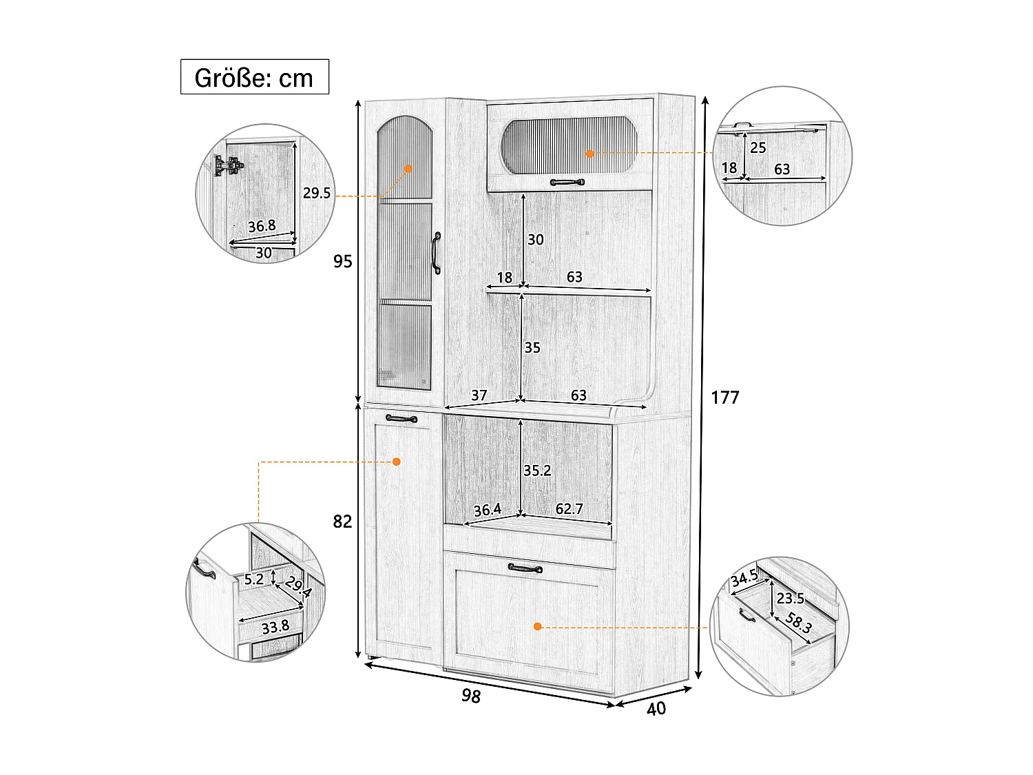 Buffet de cuisine moderne 98x40x177cm - avec des étagères ouvertes - avec 2 tiroirs et 2 portes - Naturel