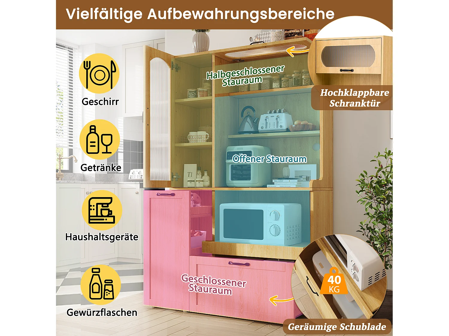 Buffet de cuisine moderne 98x40x177cm - avec des étagères ouvertes - avec 2 tiroirs et 2 portes - Naturel