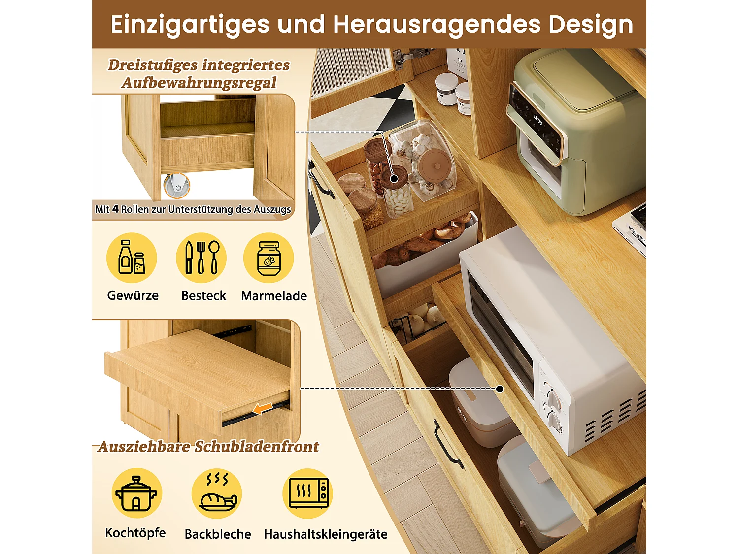 Buffet de cuisine moderne 98x40x177cm - avec des étagères ouvertes - avec 2 tiroirs et 2 portes - Naturel