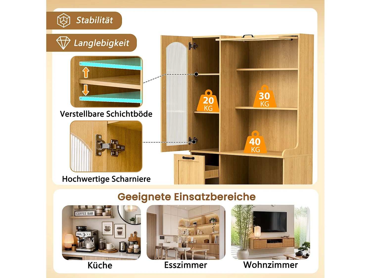 Buffet de cuisine moderne 98x40x177cm - avec des étagères ouvertes - avec 2 tiroirs et 2 portes - Naturel