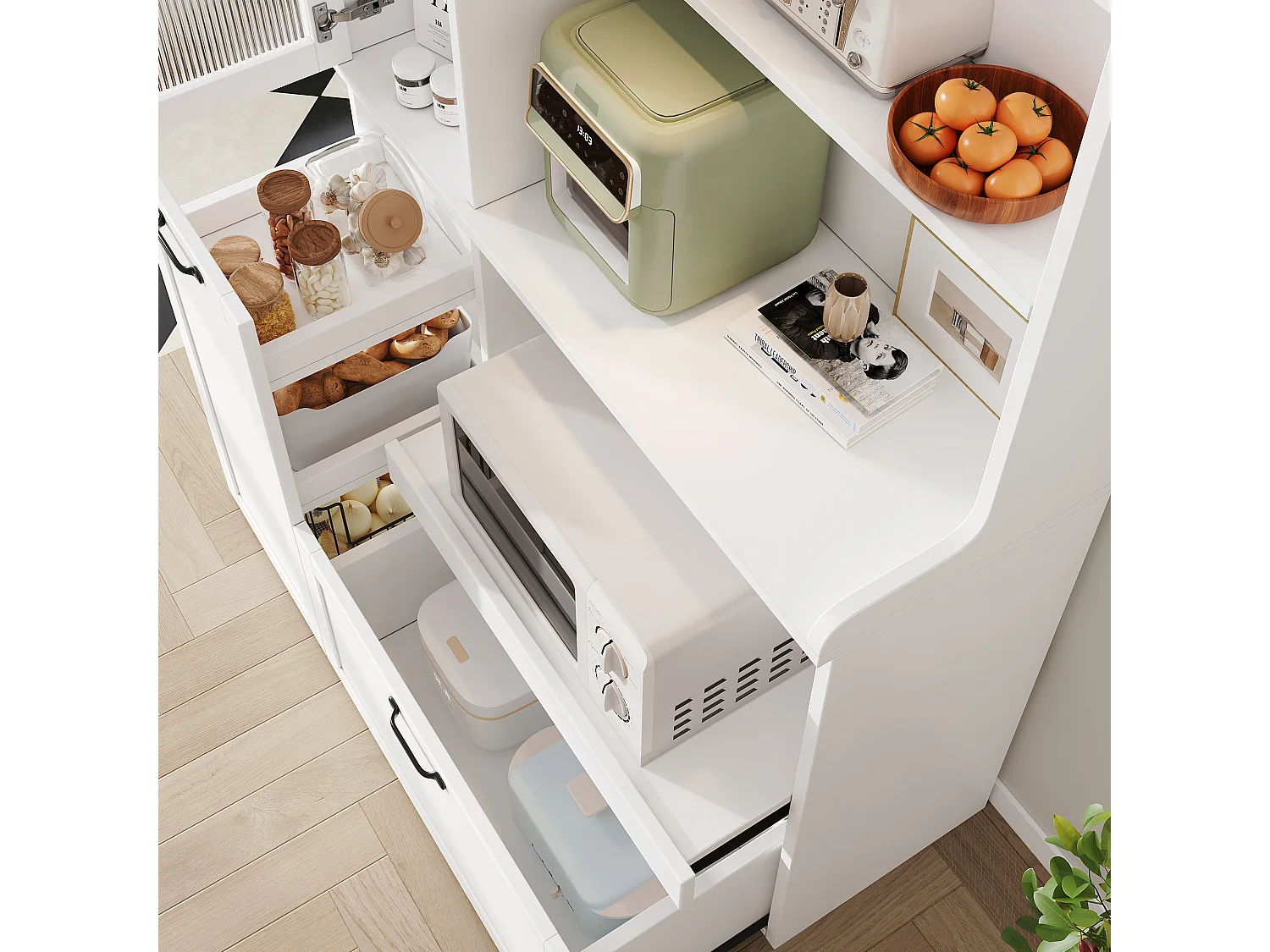 Buffet de cuisine moderne 98x40x177cm - avec des étagères ouvertes - avec 2 tiroirs et 2 portes - Blanc