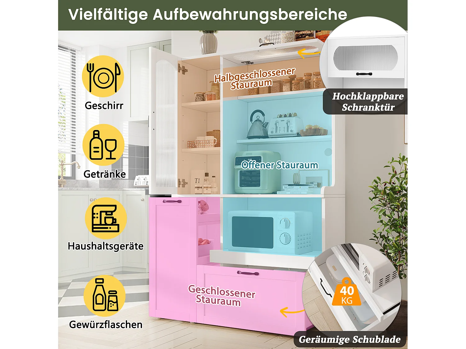 Buffet de cuisine moderne 98x40x177cm - avec des étagères ouvertes - avec 2 tiroirs et 2 portes - Blanc