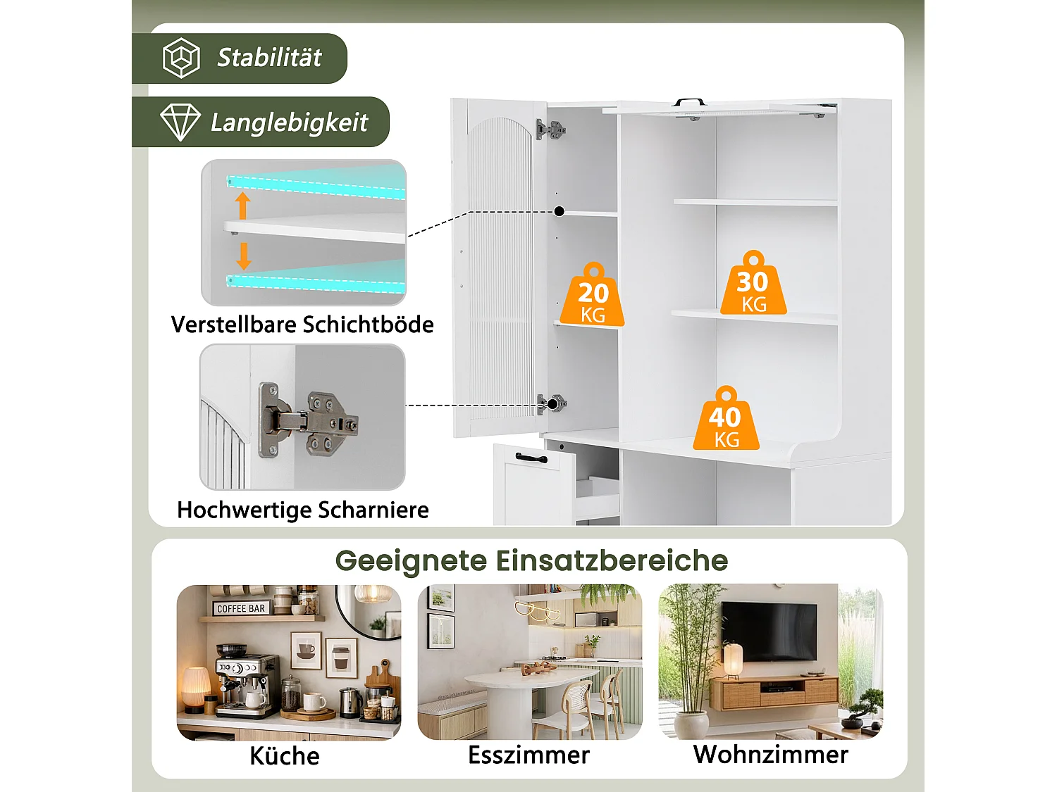 Buffet de cuisine moderne 98x40x177cm - avec des étagères ouvertes - avec 2 tiroirs et 2 portes - Blanc