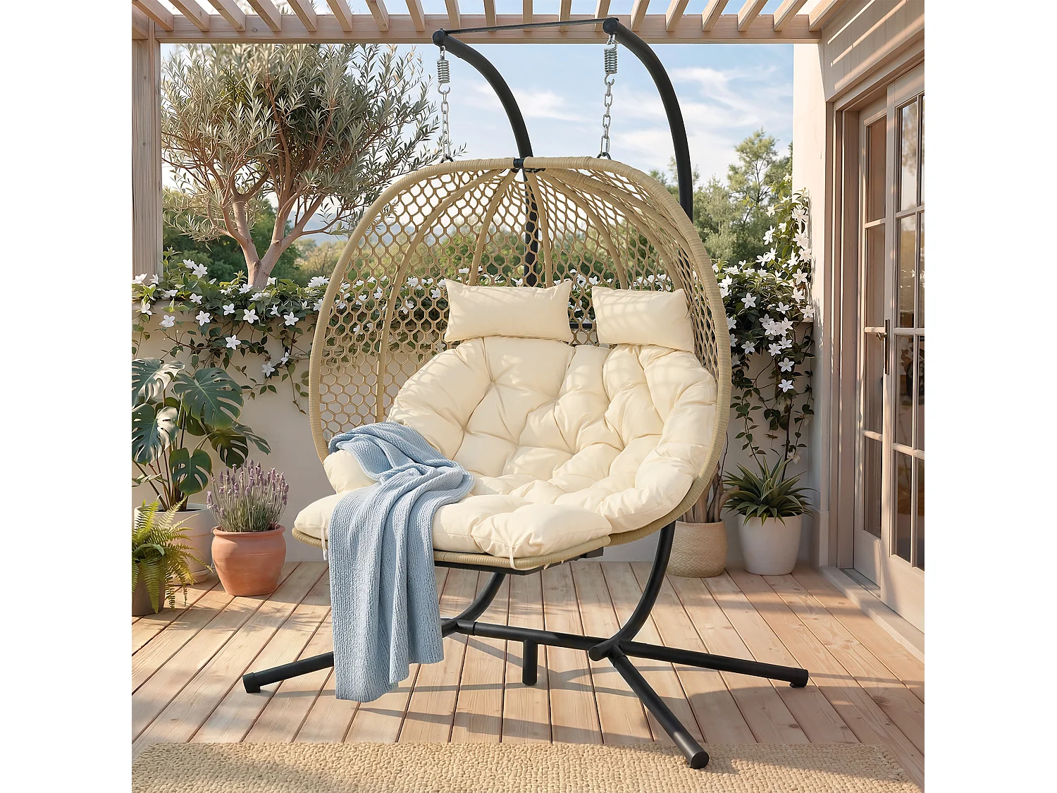 Fauteuil Oeuf Suspendu Double avec Support - Balancelle de Jardin avec Repose-pieds Réglable, Coussin Épais et Appuie-têtes - Intérieur/Extérieur - Beige