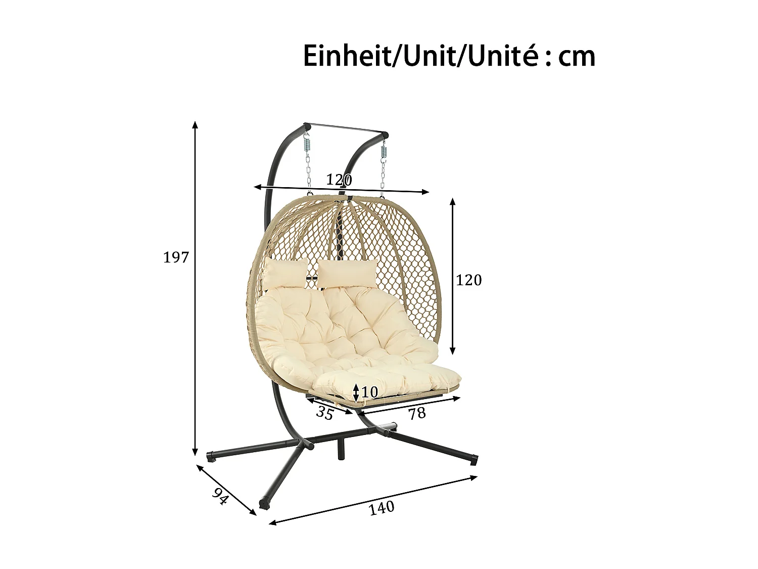 Fauteuil Oeuf Suspendu Double avec Support - Balancelle de Jardin avec Repose-pieds Réglable, Coussin Épais et Appuie-têtes - Intérieur/Extérieur - Beige
