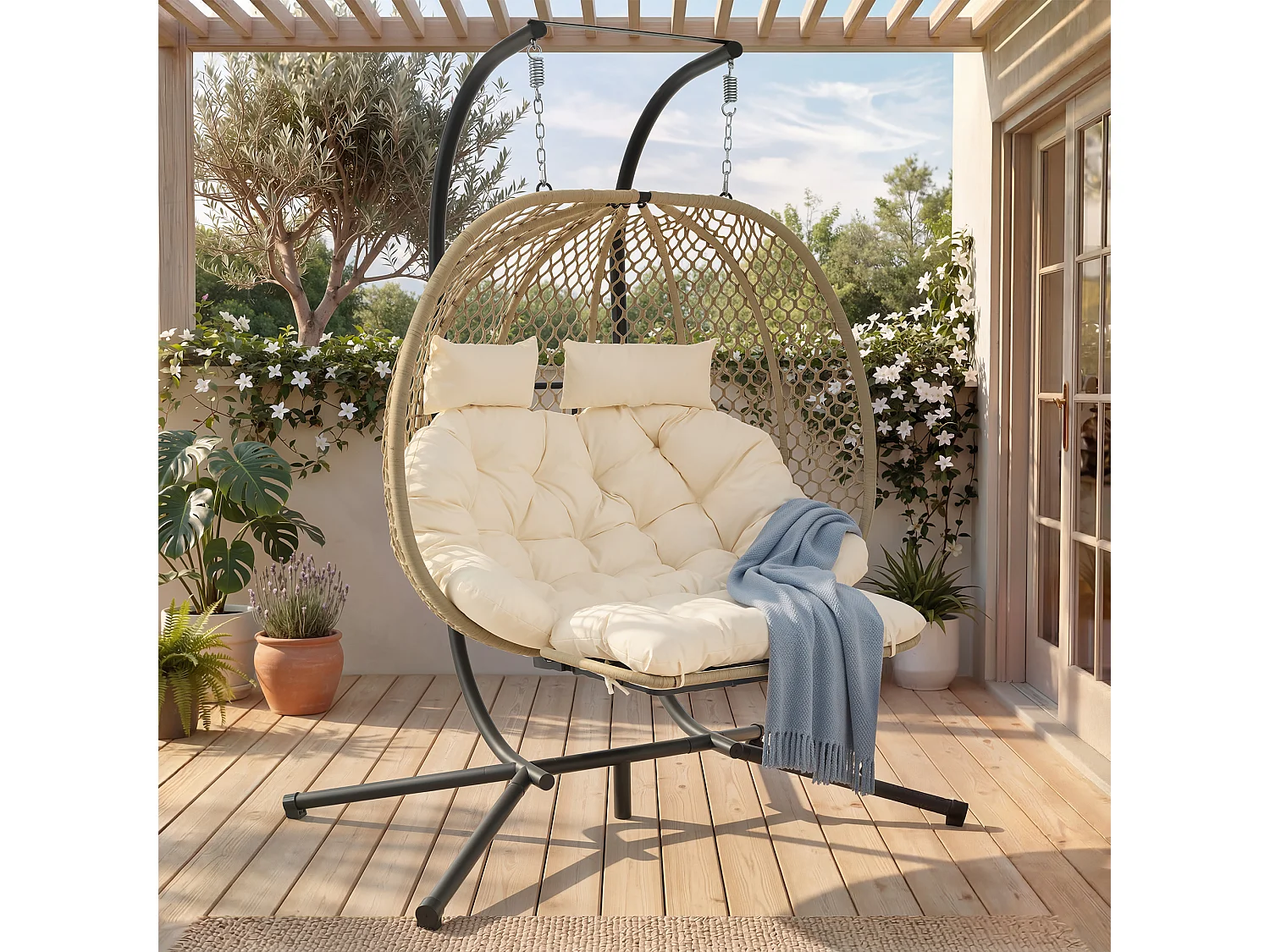 Fauteuil Oeuf Suspendu Double avec Support - Balancelle de Jardin avec Repose-pieds Réglable, Coussin Épais et Appuie-têtes - Intérieur/Extérieur - Beige