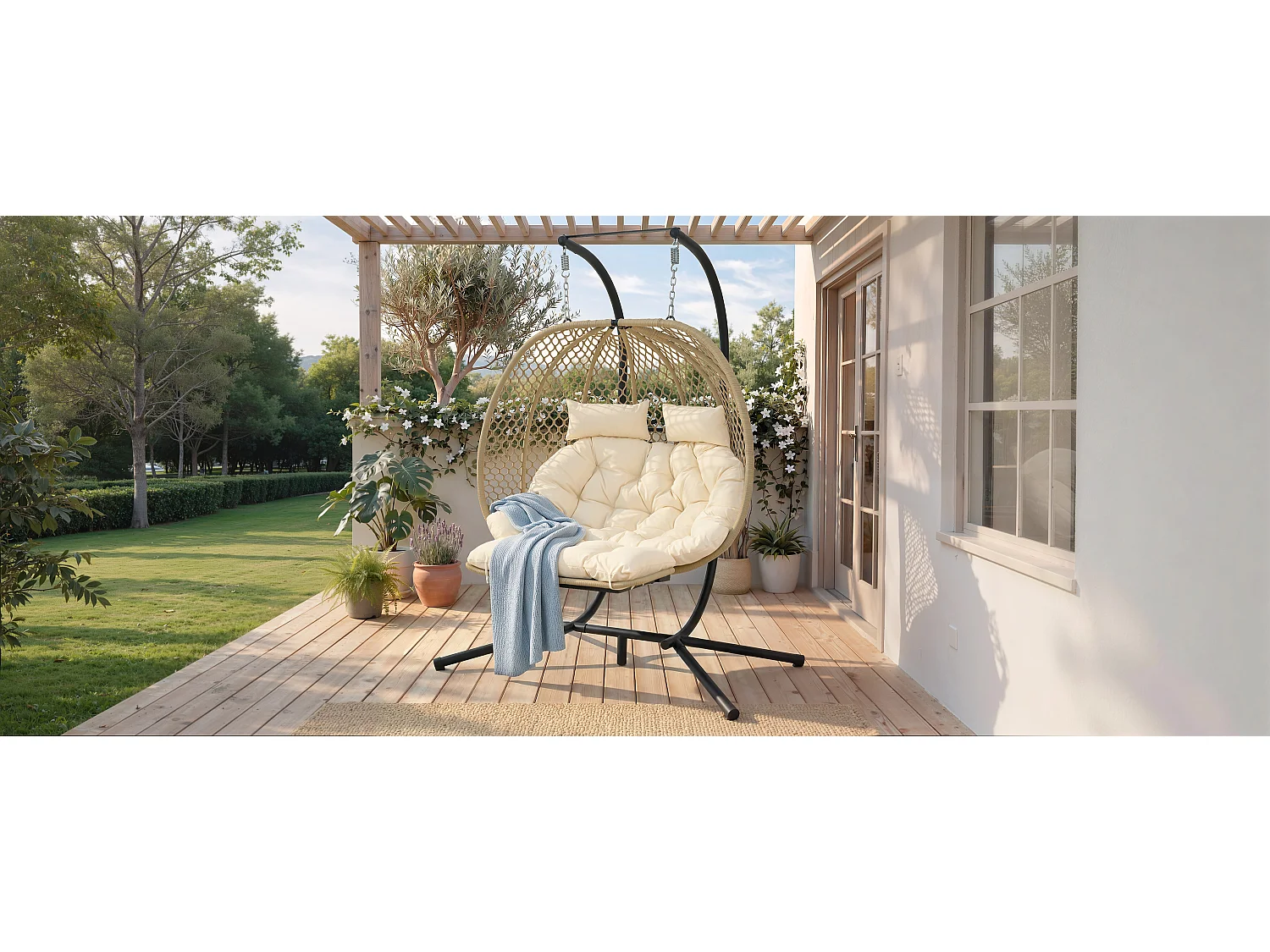 Fauteuil Oeuf Suspendu Double avec Support - Balancelle de Jardin avec Repose-pieds Réglable, Coussin Épais et Appuie-têtes - Intérieur/Extérieur - Beige