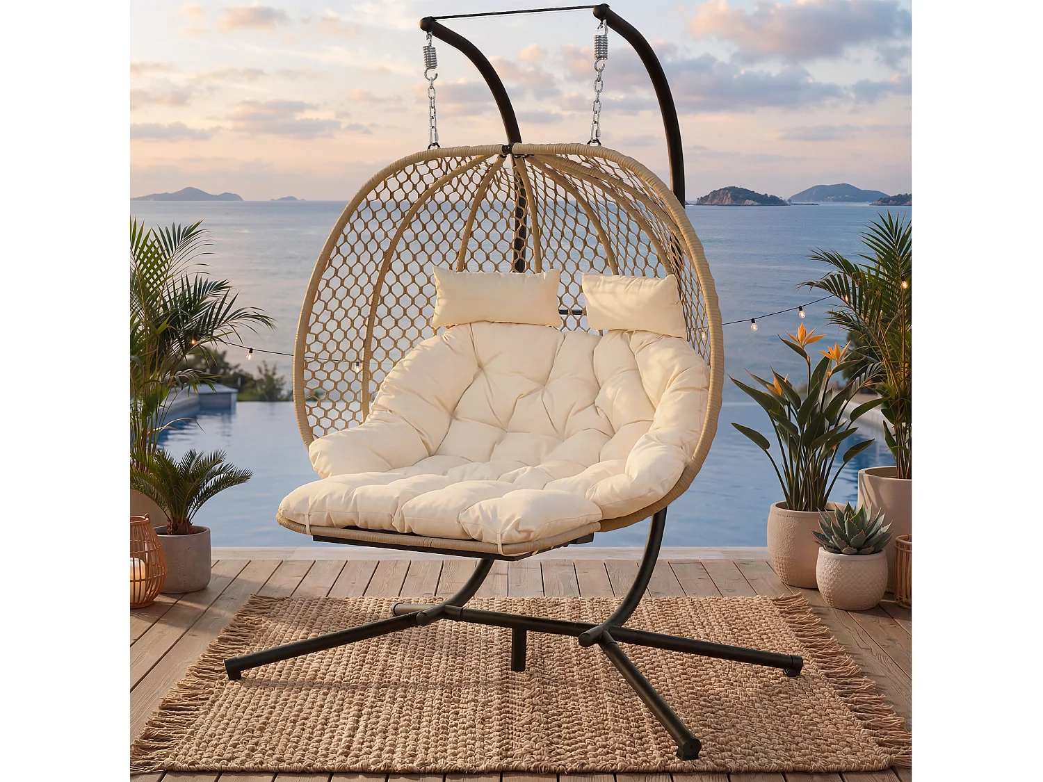 Fauteuil Oeuf Suspendu Double avec Support - Balancelle de Jardin avec Repose-pieds Réglable, Coussin Épais et Appuie-têtes - Intérieur/Extérieur - Beige