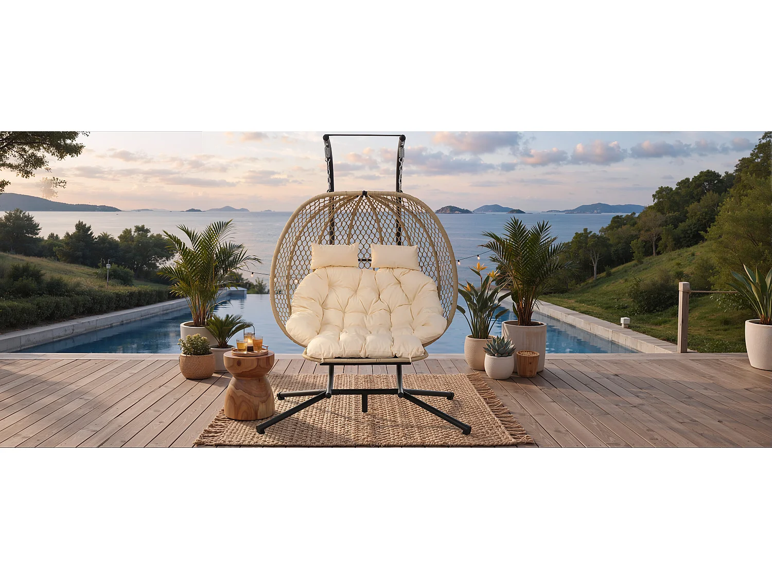 Fauteuil Oeuf Suspendu Double avec Support - Balancelle de Jardin avec Repose-pieds Réglable, Coussin Épais et Appuie-têtes - Intérieur/Extérieur - Beige