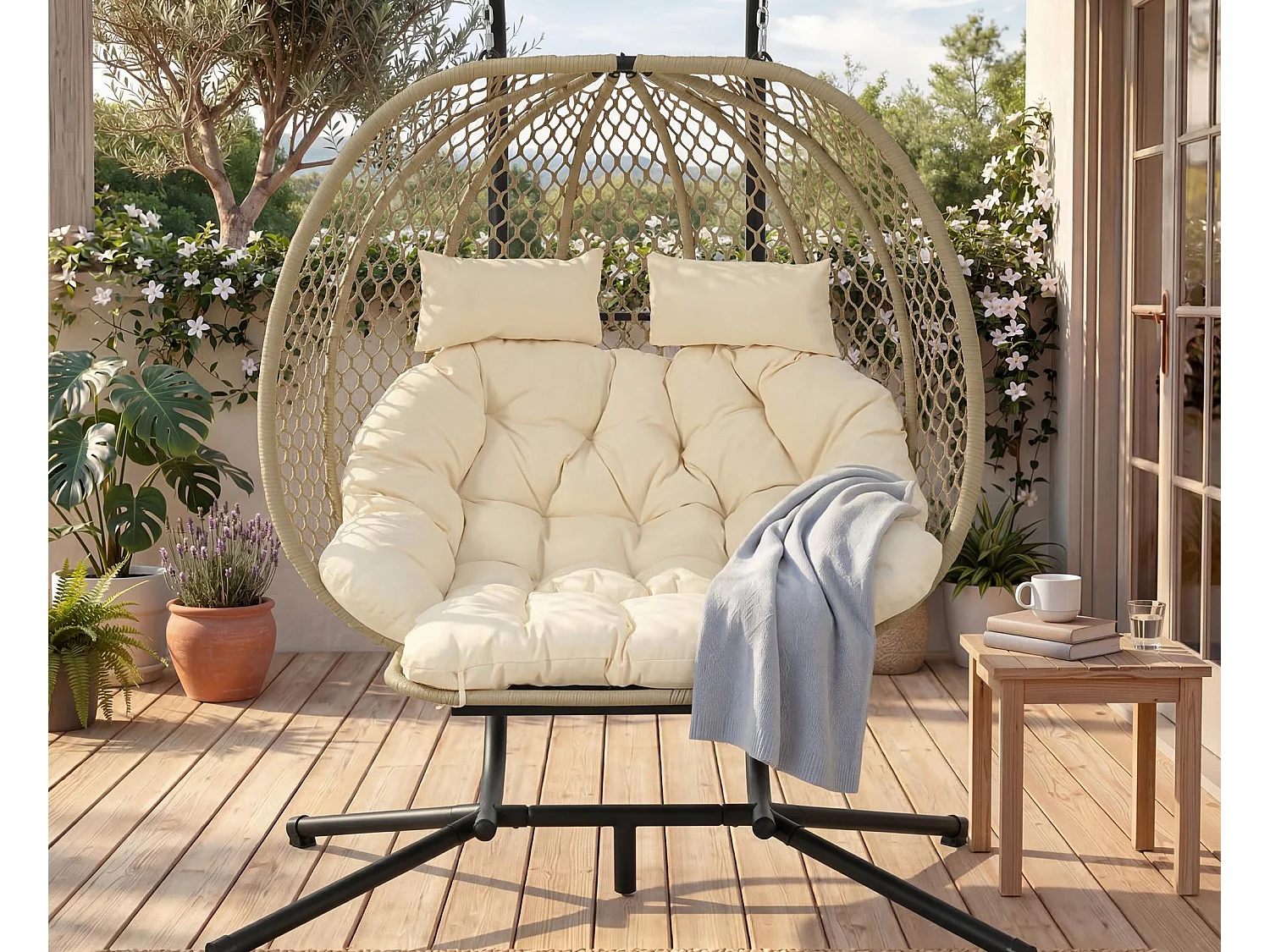 Doppel-Hängeschaukel in Eiform mit Gestell - Gartenschaukel mit Verstellbarer Fußstütze, Dicker Sitzauflage und Kopfstützen - Innen/Außen - Beige