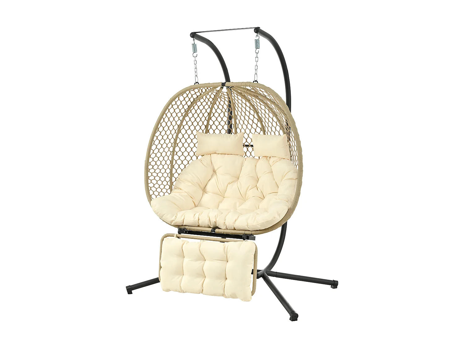 Doppel-Hängeschaukel in Eiform mit Gestell - Gartenschaukel mit Verstellbarer Fußstütze, Dicker Sitzauflage und Kopfstützen - Innen/Außen - Beige