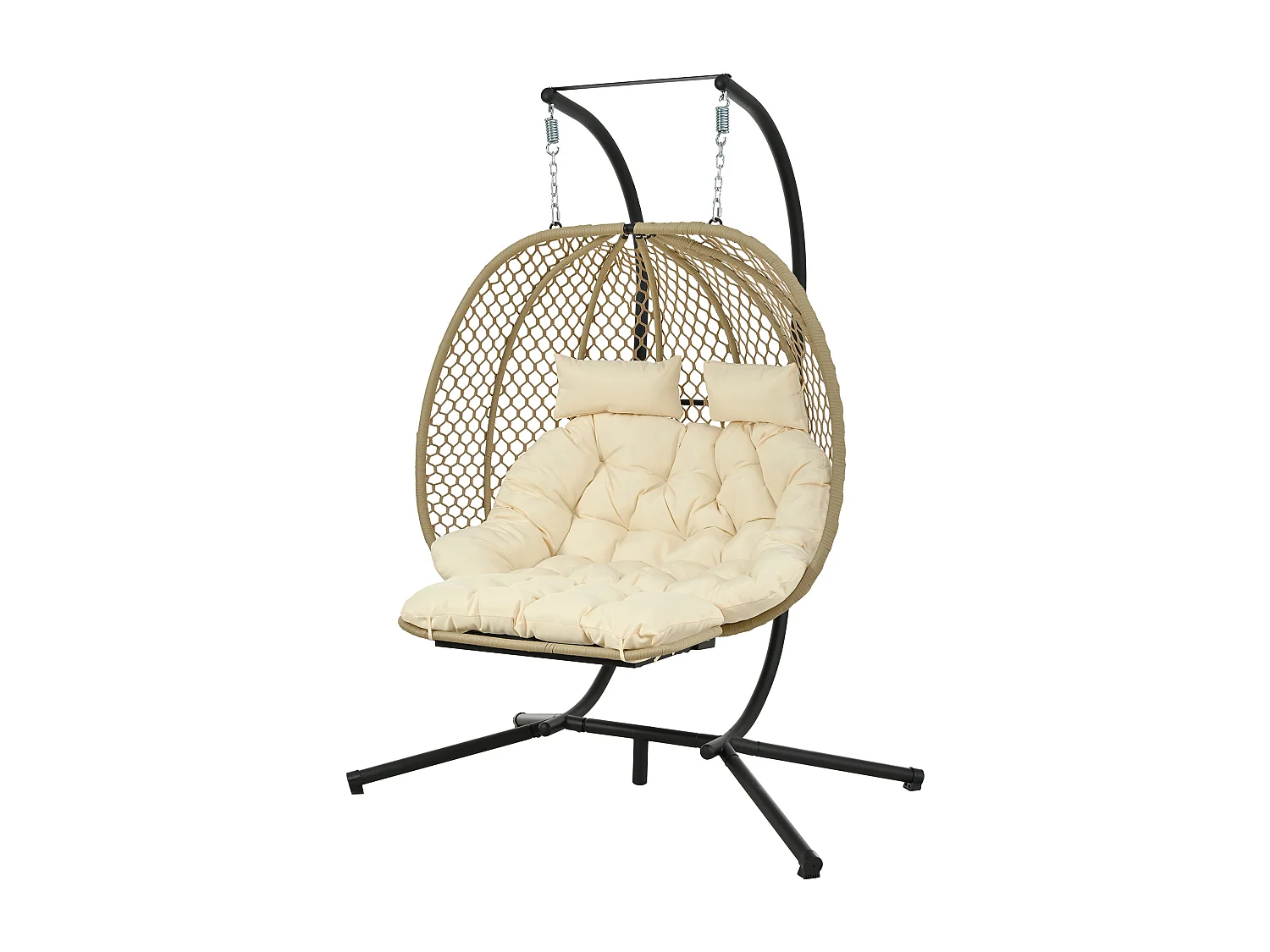 Doppel-Hängeschaukel in Eiform mit Gestell - Gartenschaukel mit Verstellbarer Fußstütze, Dicker Sitzauflage und Kopfstützen - Innen/Außen - Beige