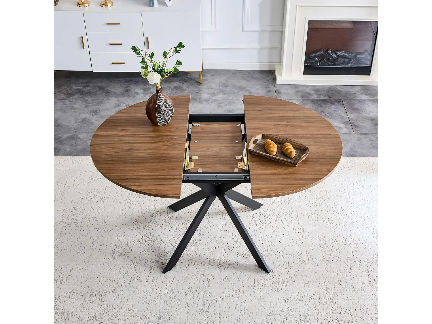 Table à manger extensible ronde 137 cm en MDF finition noyer et métal noir – Design moderne, pied trépied stable, 4 à 6 personnes