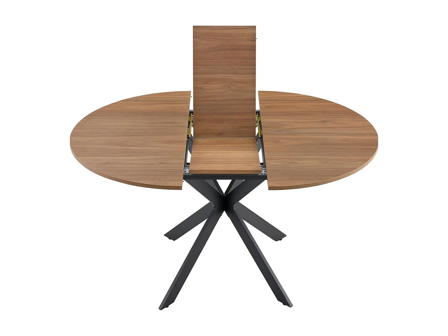 Table à manger extensible ronde 137 cm en MDF finition noyer et métal noir – Design moderne, pied trépied stable, 4 à 6 personnes