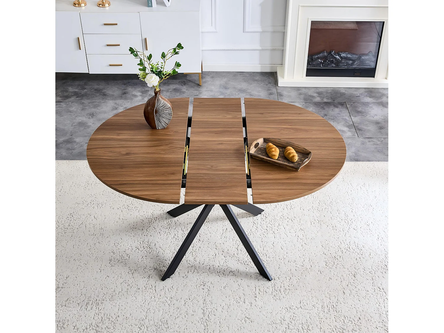 Table à manger extensible ronde 137 cm en MDF finition noyer et métal noir – Design moderne, pied trépied stable, 4 à 6 personnes